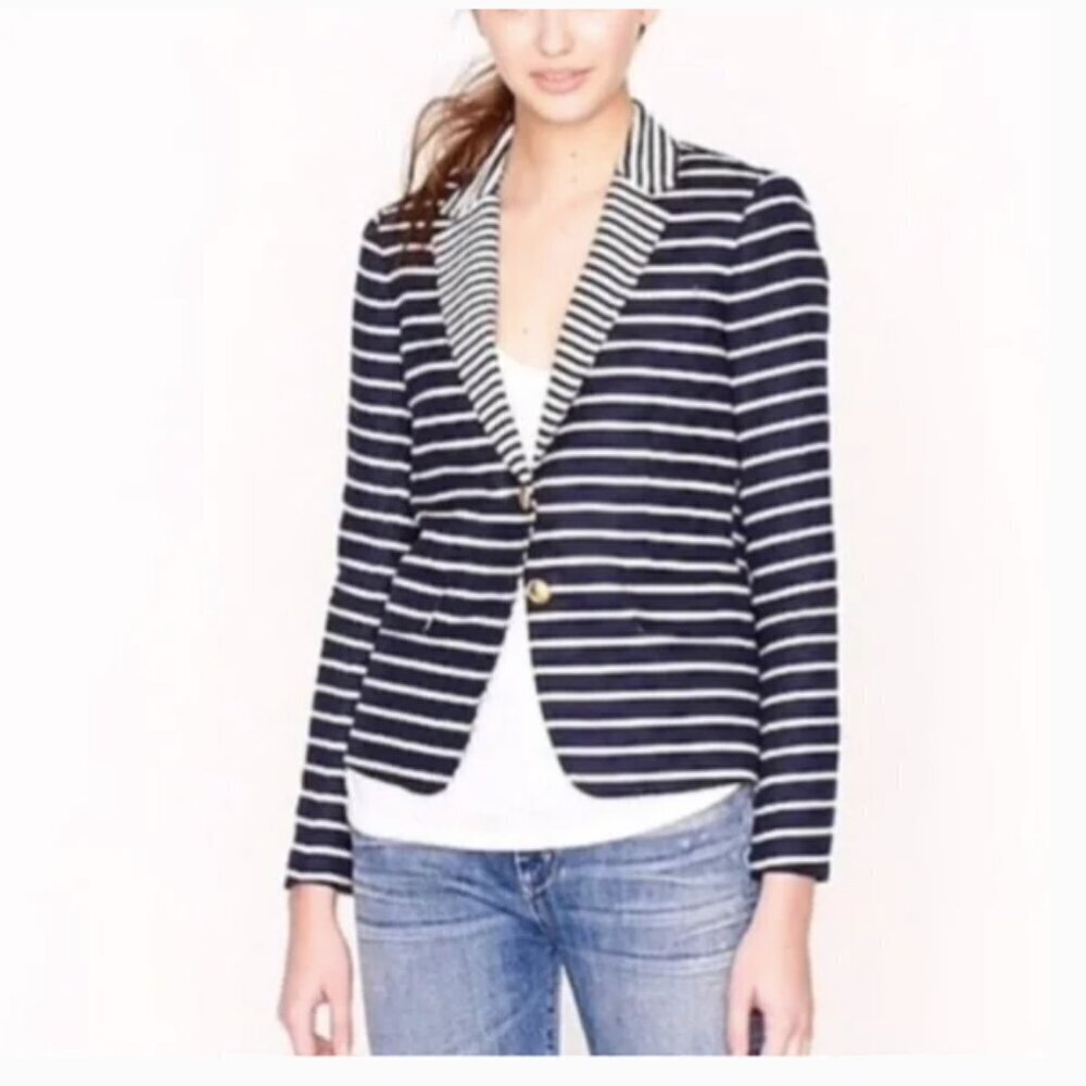 J. Crew Schoolboy Blazer Nautical Mixed Stripe Button Down Anchor Linen